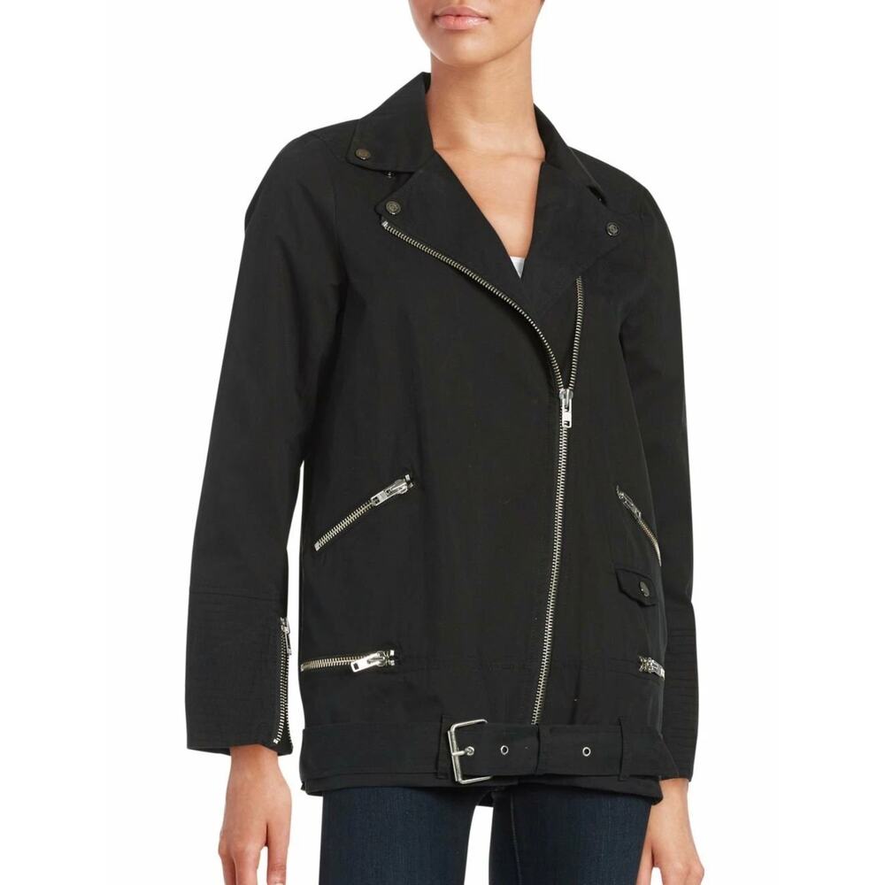 The Kooples Cotton Blend Biker Moto Jacket Zippers Black Small Edgy Chic